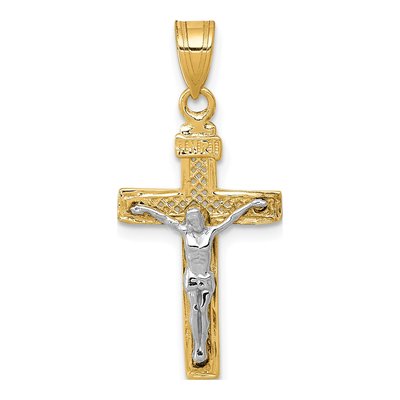 14K Two-Tone Gold Lattice Crucifix Cross Pendant