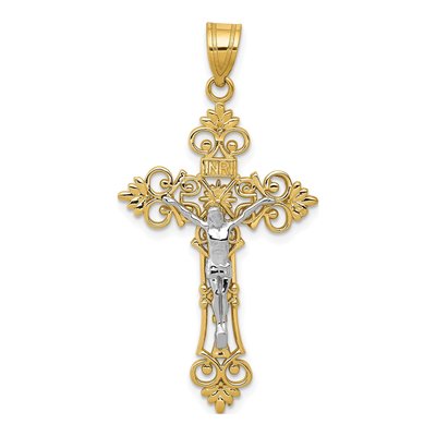 14K Two-Tone Gold Large Lacy-Edge Crucifix Pendant