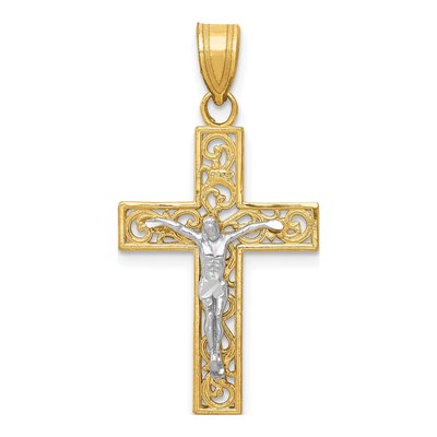 14K Two-Tone Gold Filigree Crucifix Pendant