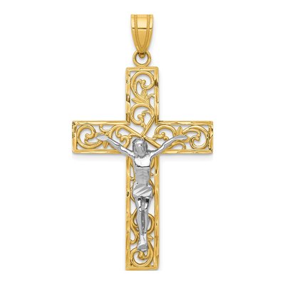 14K Two-Tone Gold Filigree Crucifix Pendant