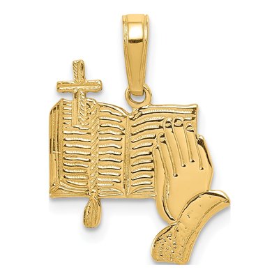 14K Yellow Gold Bible Praying Hands Cross Pendant