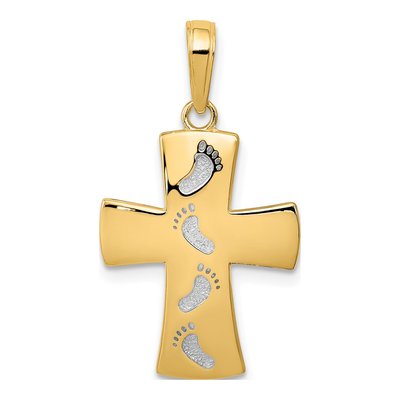 14K Yellow Gold Footprints Cross Pendant
