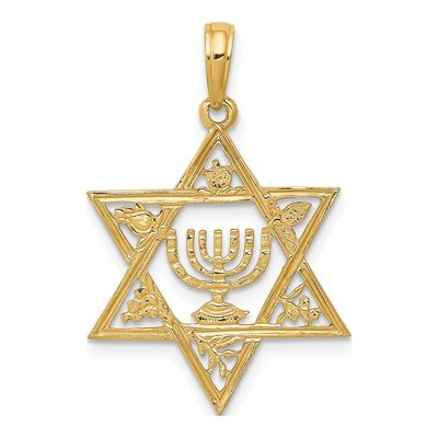 14K Yellow Gold Star of David Menorah Pendant