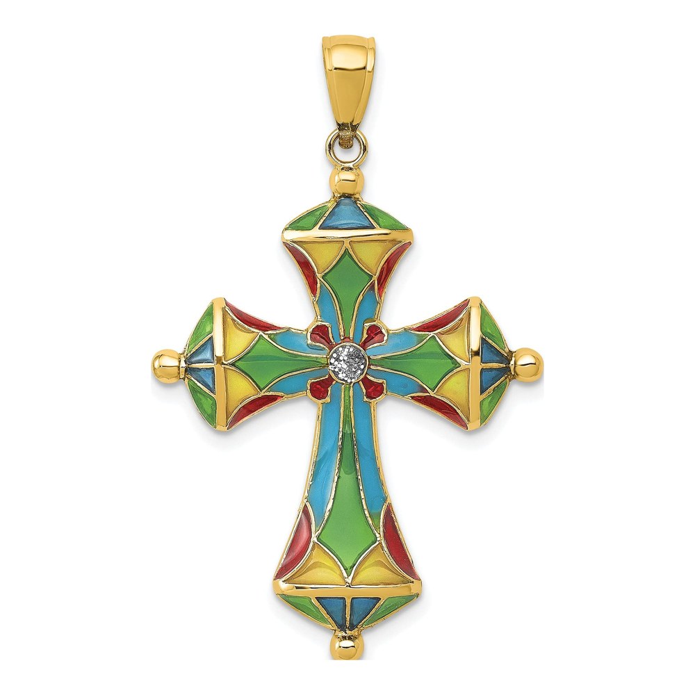 14K Yellow Gold Multi Color Enamel Cross Pendant