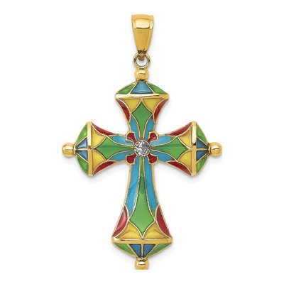 14K Yellow Gold Multi Color Enamel Cross Pendant