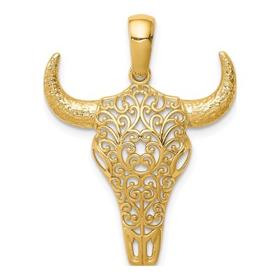 14K Yellow Gold Filigree Steer Skull Pendant