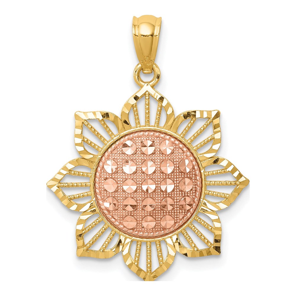 14K Two-Tone Gold Diamond-Cut Sunflower Pendant