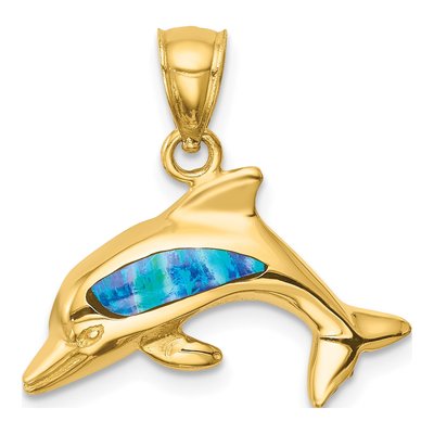 14K Yellow Gold Lab-Created Opal Dolphin Pendant