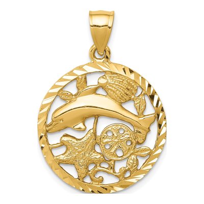 14K Yellow Gold Dolphin Shells Circle Pendant