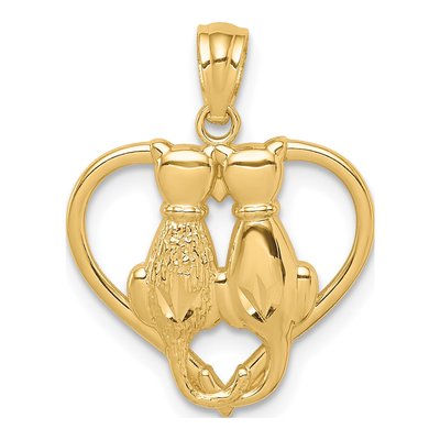 14K Yellow Gold Sitting Cats Heart Pendant