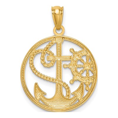 14K Yellow Gold Cross Anchor Ships Wheel Pendant – view 4