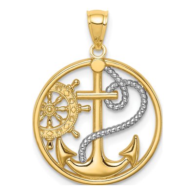14K Yellow Gold Cross Anchor Ships Wheel Pendant