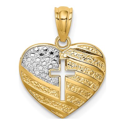 14K Yellow Gold US Flag Cross Heart Pendant