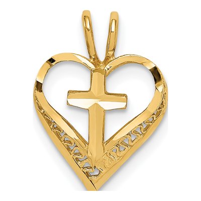 14K Yellow Gold Diamond-Cut Heart Cross Slide Pendant