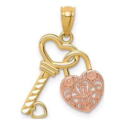 14K Two-Tone Gold Heart Lock Key Pendant
