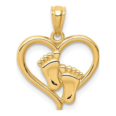 14K Yellow Gold Baby Feet Heart Pendant