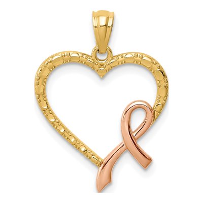 14K Yellow Gold Pink Ribbon Heart Pendant