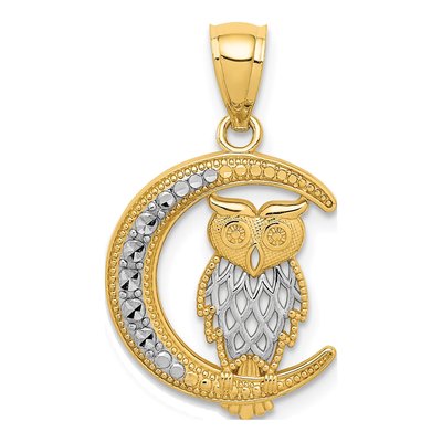 14K Yellow Gold Owl on Moon Pendant