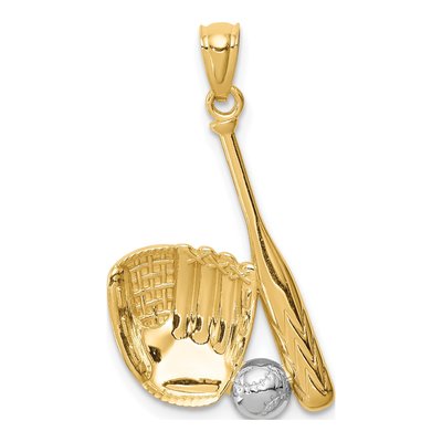 14K Yellow Gold Baseball Glove Bat Ball Pendant