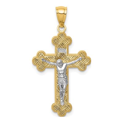 14K Two-Tone Gold INRI Budded Crucifix Pendant