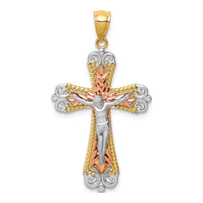 14K Tri-Color Gold Diamond-Cut Crucifix Pendant