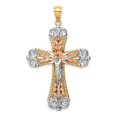 14K Tri-Color Gold Diamond-Cut Crucifix Pendant