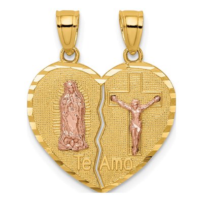 14K Two-Tone Gold Reversible Guadalupe Crucifix Heart Pendant