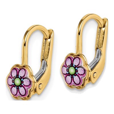14K Yellow Gold Enamel Flower Kids' Leverback Earrings – view 2
