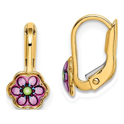 14K Yellow Gold Enamel Flower Kids' Leverback Earrings