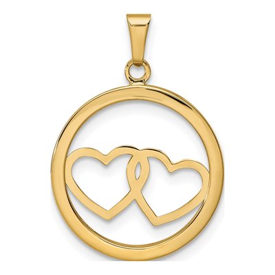 14K Yellow Gold Double Heart Circle Pendant