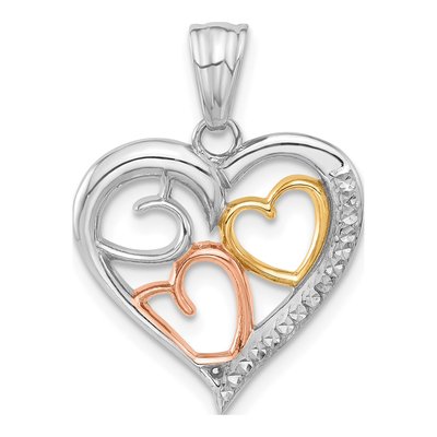 14K Tri-Color Gold Diamond-Cut Hearts Pendant