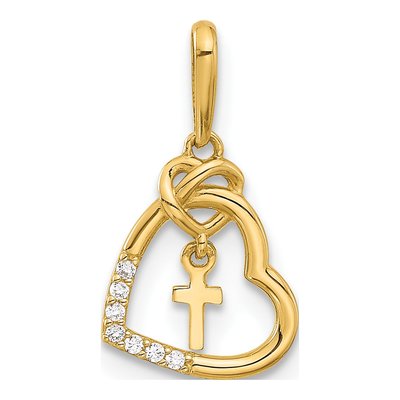 14K Yellow Gold CZ Heart Cross Pendant