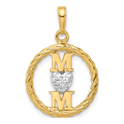14K Yellow Gold Diamond-Cut Heart MOM Pendant