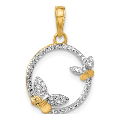 14K Yellow Gold Diamond-Cut Butterfly Circle Pendant
