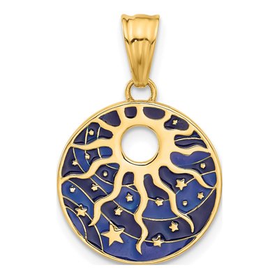 14K Yellow Gold Blue Enamel Sun Stars Pendant