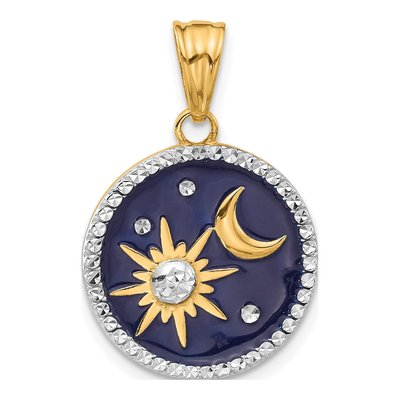 14K Yellow Gold Blue Enamel Sun Moon Pendant