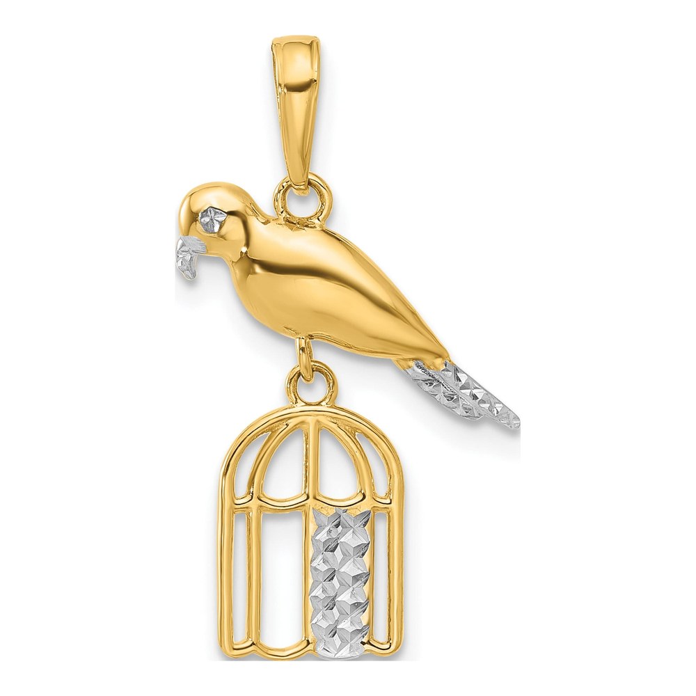 14K Yellow Gold Diamond-Cut Bird on Birdcage Pendant