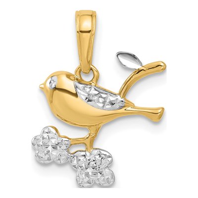 14K Yellow Gold Diamond-Cut Bird on Branch Pendant
