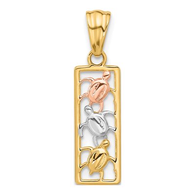 14K Two-Tone Gold Turtles Rectangle Pendant