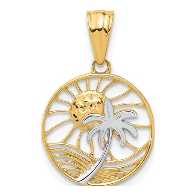 14K Yellow Gold Ocean Palm Tree Round Pendant