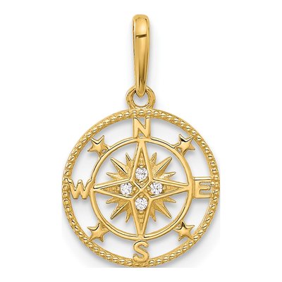14K Yellow Gold CZ Compass Pendant
