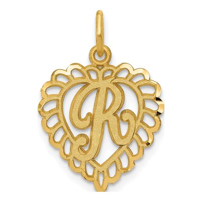 14K Yellow Gold Heart Letter R Pendant