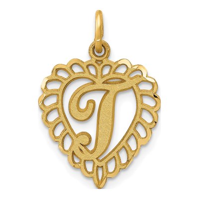 14K Yellow Gold Heart Letter T Pendant