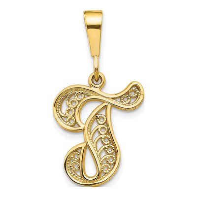 14K Yellow Gold Filigree Letter T Pendant