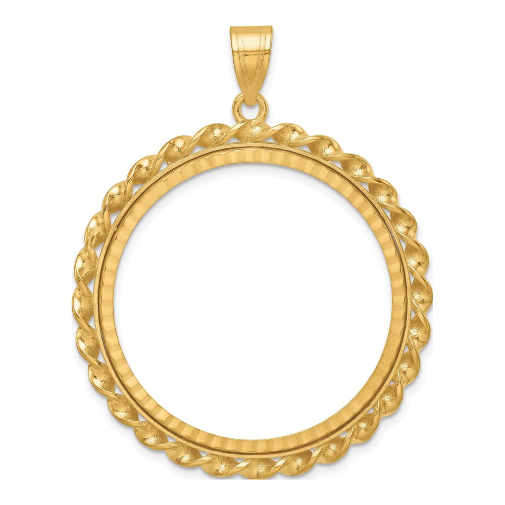 Wideband Distinguished Coin Jewelry 14K Polished Diamond-Cut And Wide Twisted Wire 32.7mm Prong Coin Bezel Pendant