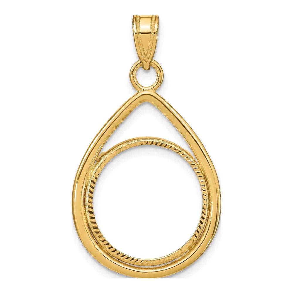 Wideband Distinguished Coin Jewelry 14K Polished And Diamond-Cut Lightweight Teardrop 16.5mm Prong Coin Bezel Pendant