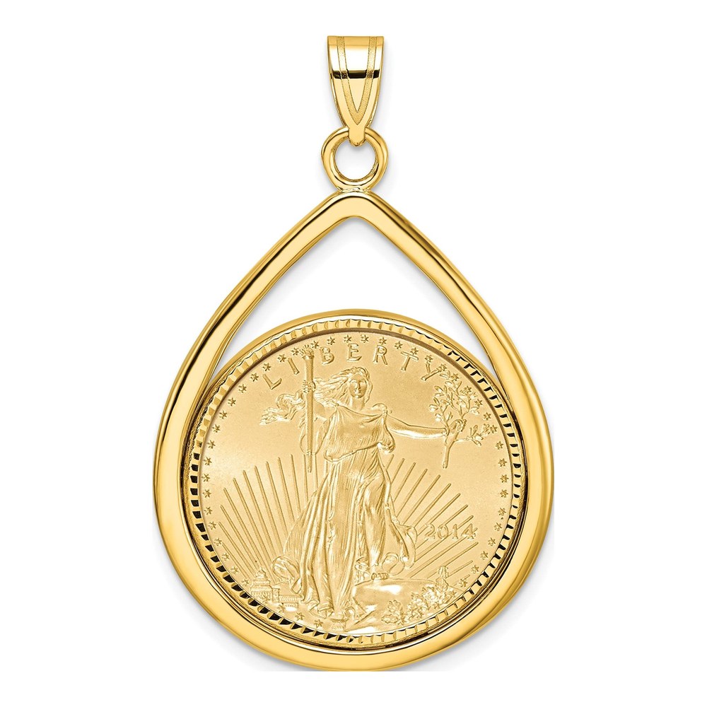 Wideband Distinguished Coin Jewelry 14K Yellow Gold Diamond-Cut Lightweight Tear Drop Prong Mounted 1/4oz American Eagle Coin Bezel Pendant