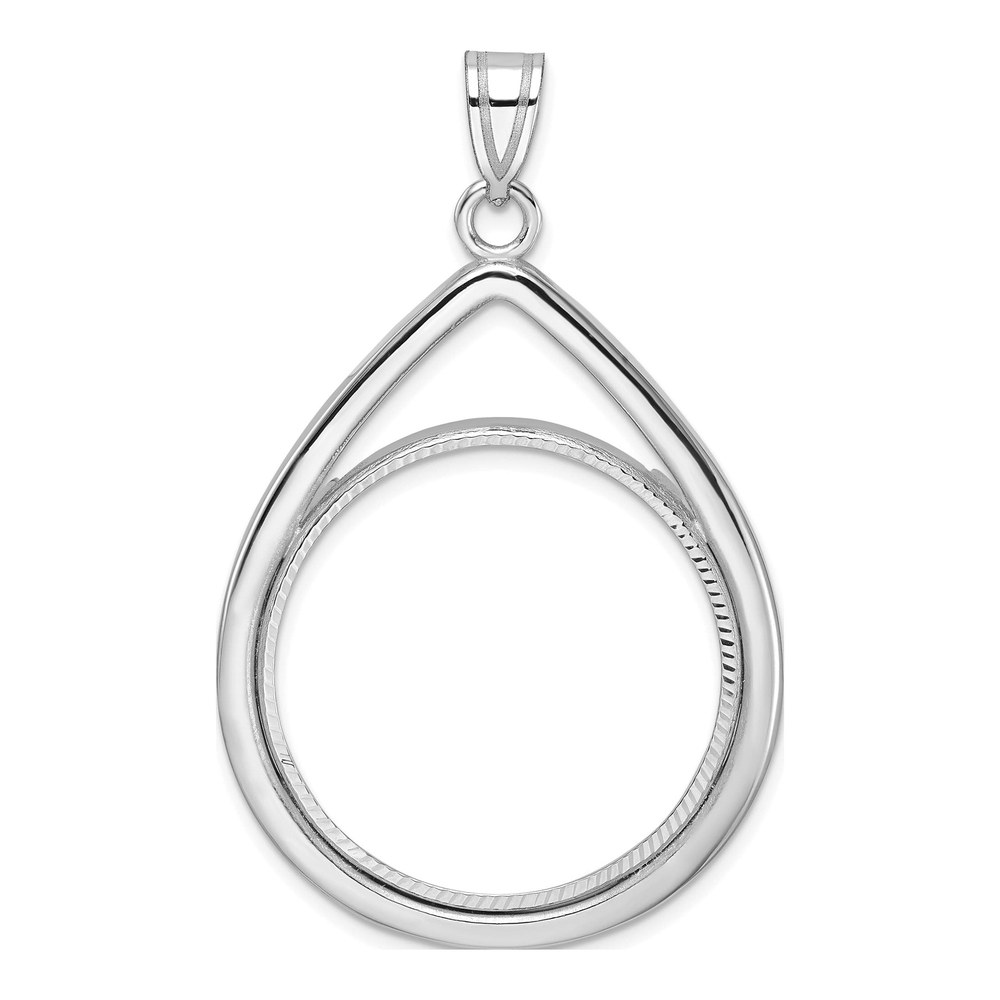 Wideband Distinguished Coin Jewelry 14K White Gold Rhodium-Plated Polished And Diamond-Cut Teardrop 27.0mm Prong Coin Bezel Pendant