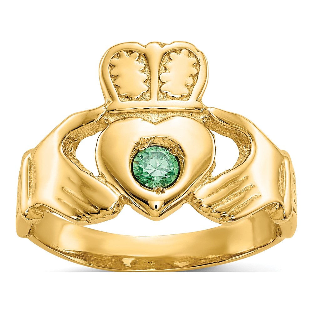 14K Yellow Gold Claddagh Ring, Green Stone