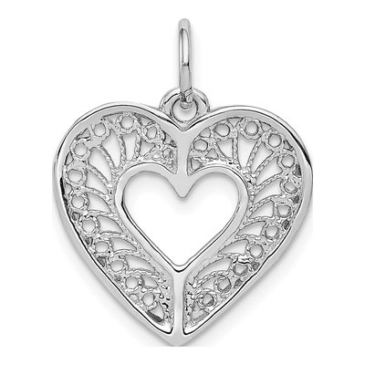 14K White Gold Diamond-Cut Filigree Heart Charm